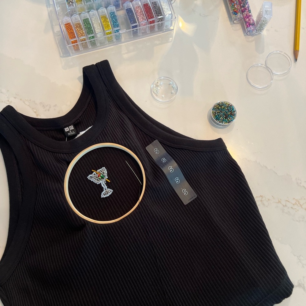 Martini bead embroidered cropped black tank